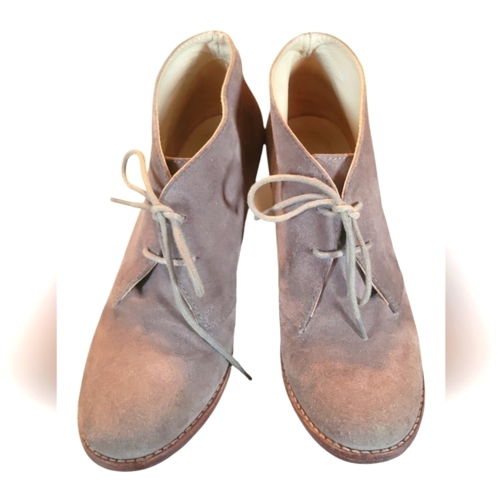 Boden Anthropologie Suede Tan/Gray Ankle Chunky Heels Lace Up Bootie Size 38